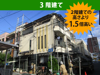 3階建ての外壁塗装風景