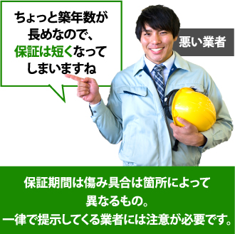 保証期間は傷み具合の箇所によって異なるもの。一律で提示してくる業者には注意が必要です