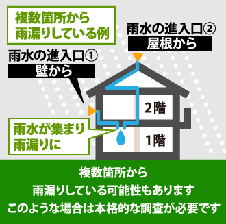 複数個所から雨漏りしている可能性もあります。このような場合は本格的な調査が必要です